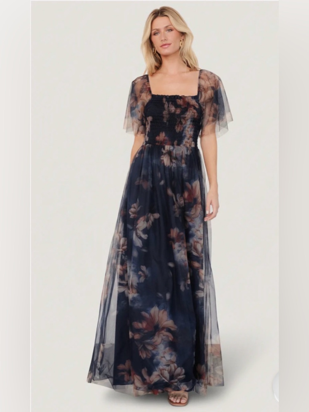 Baltic Born Cassandra Tulle Maxi Dress Dark Blue Flora NWT Medium Garden Party